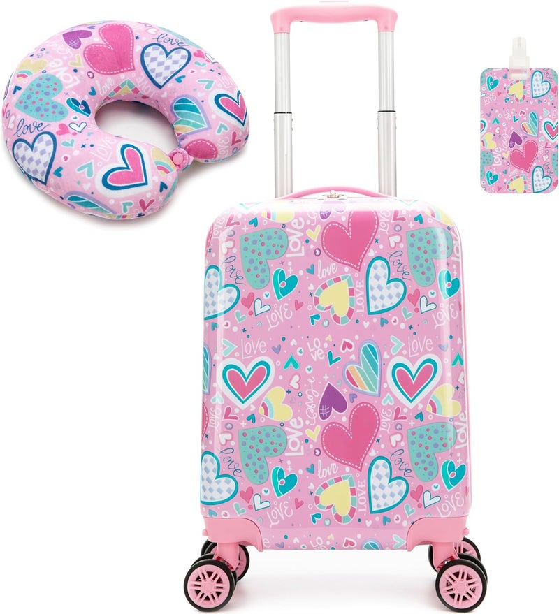Esteemly Kid's Luggage Set 16inch 2 Piece Suitcase Set Hardside Luggage with Spinner Wheels Girls Carry on Toddler Travel Rolling Suitcase with Neck Pillow Airline Approved - Image 1